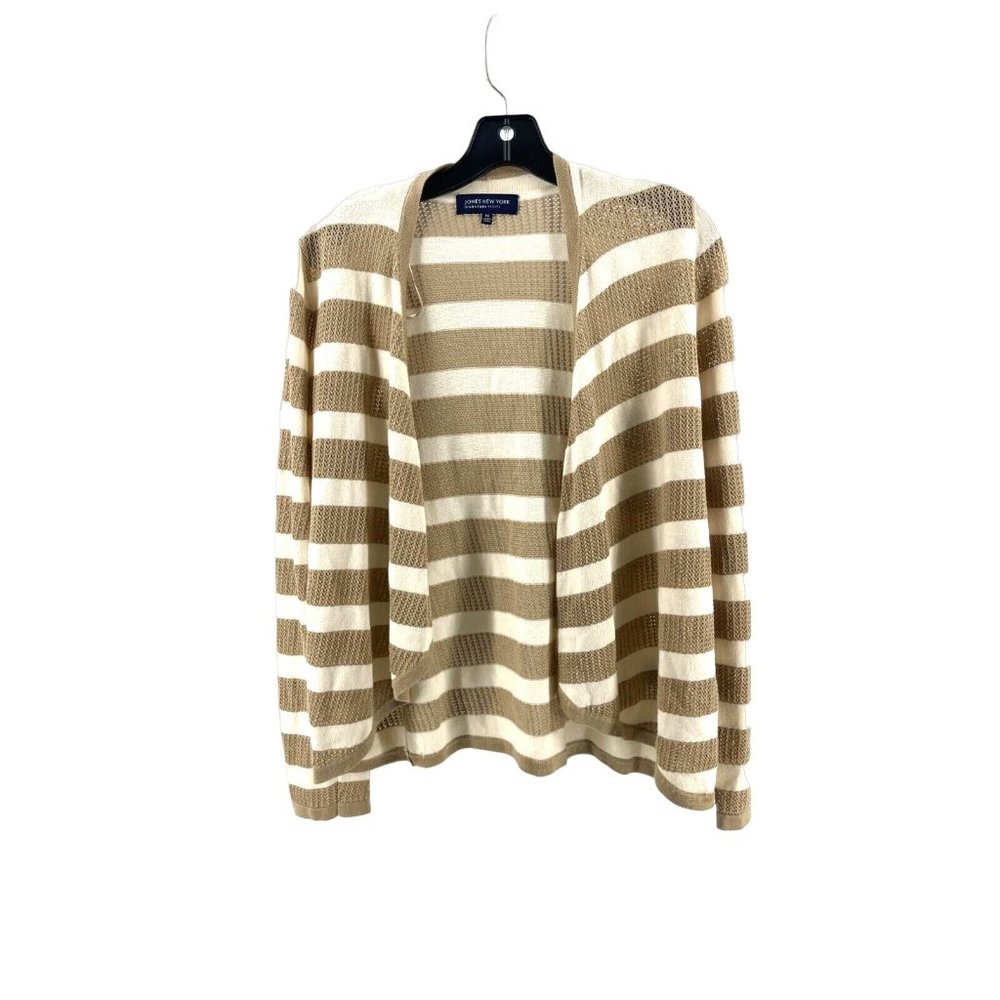 Jones New York Petite Women's Beige Striped Knit Open Cardigan Sweater Size PM